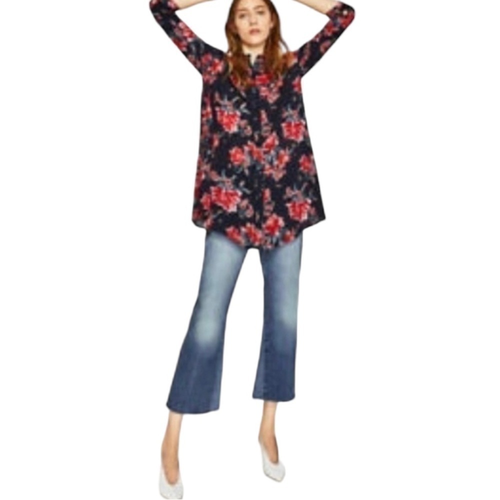 Zara Navy Floral Button Down Swing Tunic Top Small